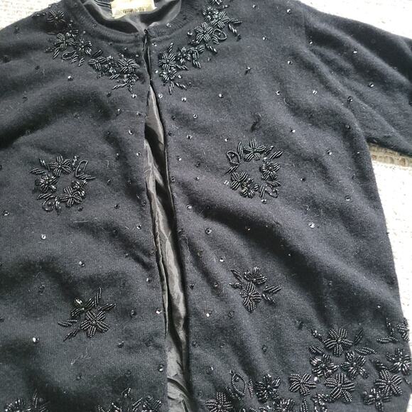 Vintage Womens 38 Lambswool Angora Cardigan Sweater Black Beaded Sequins - Picture 2 of 9
